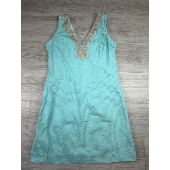 Lilly Pulitzer Dresses & Skirts - Lilly Pulitzer Aqua Blue Seersucker Gold Soutache V-Neck Shift Dress Womens 14